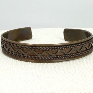 Vintage Copper Cuff Bracelet Zig Zag Wave Twisted Rope Textured Stack